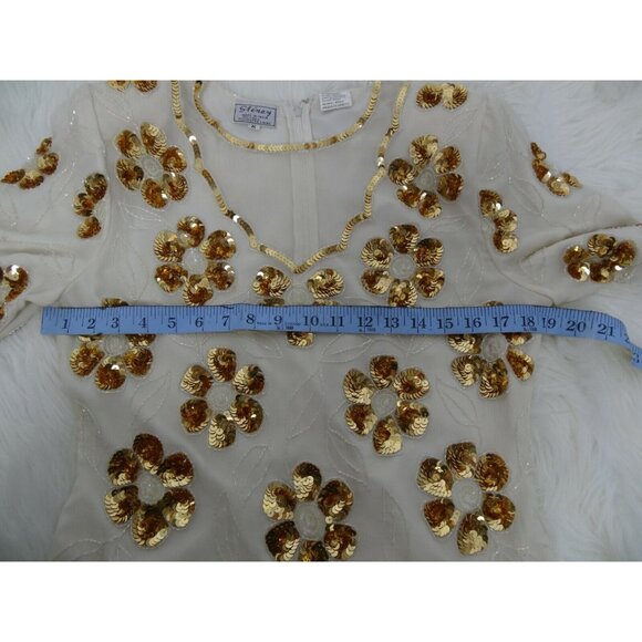 Vintage Stenay Blouse Womans  M 100% Silk Gold Sequin Beaded Top Cream Short Slv - Picture 8 of 12